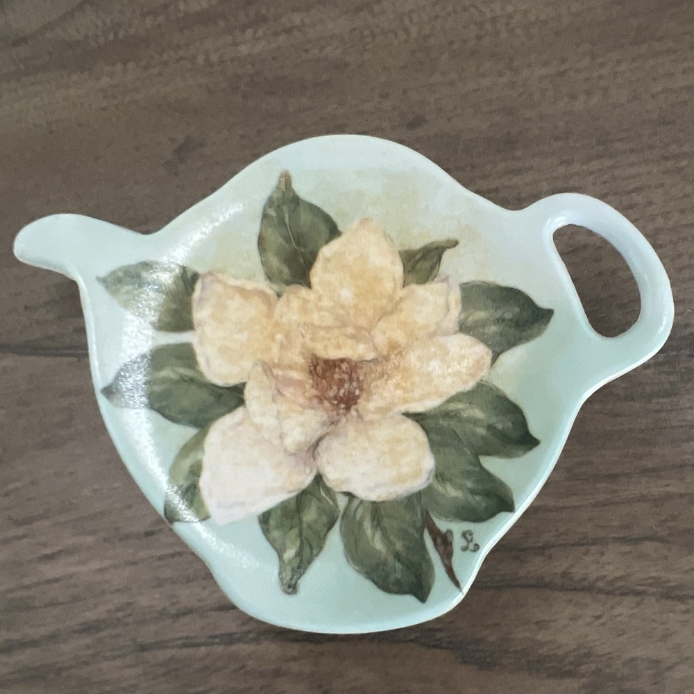 Vintage Melamine Tea Bag Holder Magnolia Flowers Teapot Shaped Made In Italy